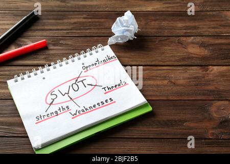 Management concept. Notepad and felt pens on wooden table Stock Photo
