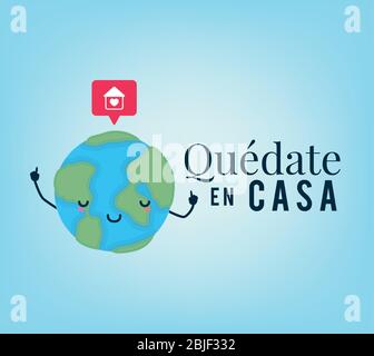 Quedate en casa text with world cartoon heart house and bubble vector design Stock Vector