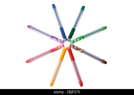 Close-up of set of colorful rainbow colored marker pens, viewed from above. Isolated on white background with clipping path. Top view. Stock Photo