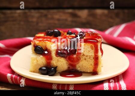Delicious bread pudding with currant and jam on plate Stock Photo
