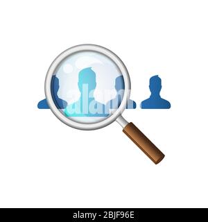 Magnifying glass searching for employees isolated cartoon design. Personnel hiring vector illustration in flat style. Headhunting and human resources Stock Vector