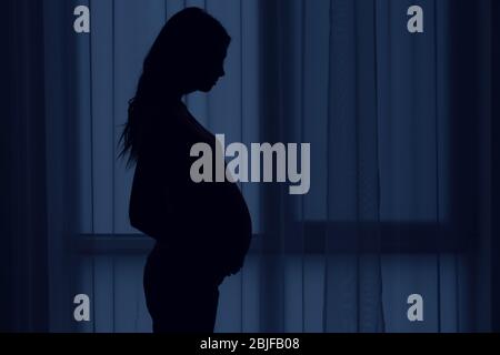 Beautiful pregnant woman standing near window at home Stock Photo