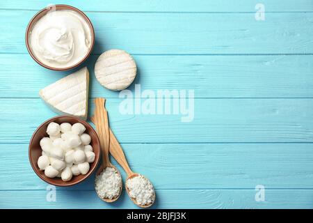 Different dairy products on wooden table Stock Photo