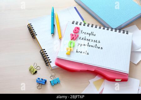 Notebook with written text STRENGTHS WEAKNESSES OPPORTUNITIES THREATS on wooden table Stock Photo