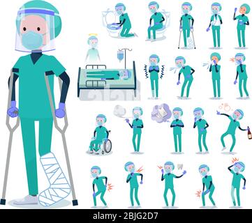 A set of doctor man wearing N95mask face shield with injury and illness.There are actions that express dependence and death.It's vector art so it's ea Stock Vector