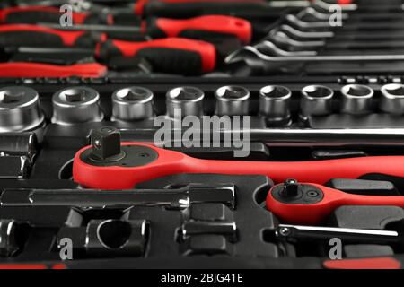 Set of tools for car repair in box, closeup Stock Photo