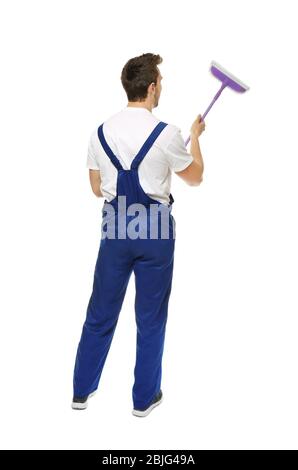 Young window cleaner on white background Stock Photo