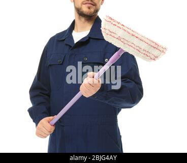 Young window cleaner on white background Stock Photo