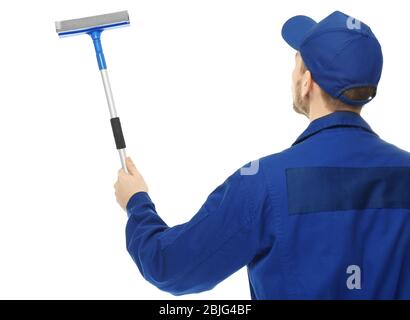 Young window cleaner on white background Stock Photo