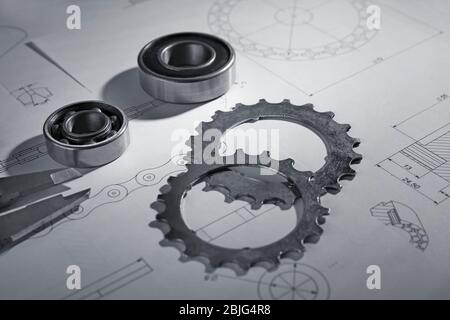 Engineering supplies and blueprints on workplace Stock Photo