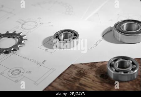 Engineering supplies and blueprints on workplace Stock Photo