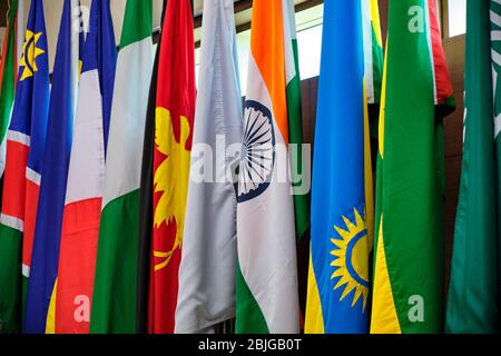 Row of national flags of several countries, international cooperation concept Stock Photo