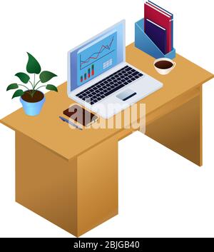 Work at internet vector illustration of office or home workplace. Cloud technology communication in computer, data analysis and graphing. interior iso Stock Vector