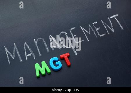 Abbreviation and text written with chalk on blackboard. Management concept Stock Photo
