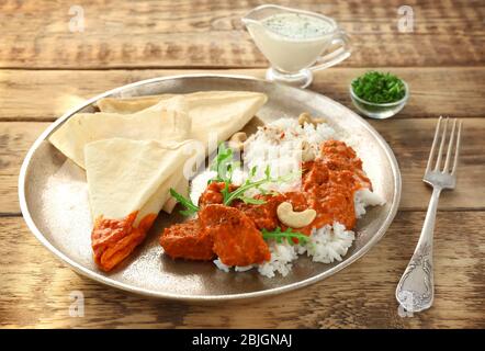 Delicious Murgh Makhani served on metalic tray Stock Photo