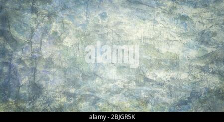 Old crumpled paper background with dirty grunge texture and abstract rough peeling white and blue painted pattern Stock Photo