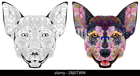 Zentangle stylized head dog. Hand drawn decorative vector illustration. Color and outline set Stock Vector