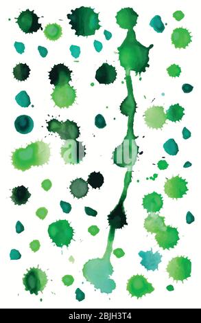 Green art splashes isolated on white background. Set of grunge splashes. Vector illustration. Stock Vector