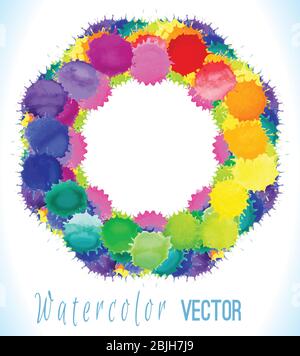 Colorful watercolor splashes isolated on white background. Circle frame made of watercolor rainbow blobs, colorful paint drops texture. Stock Vector