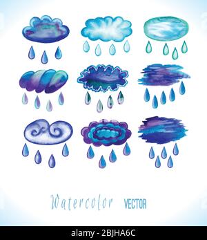 Watercolor art painted rainy clouds with raindrops. Stock Vector