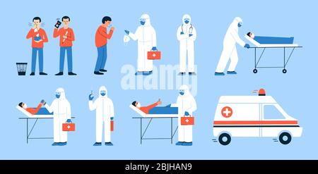 Set of isolated vector illustrations in flat style. Coughing, sneezing man with fever calling ambulance. Doctor in hazmat suit transporting patient on Stock Vector