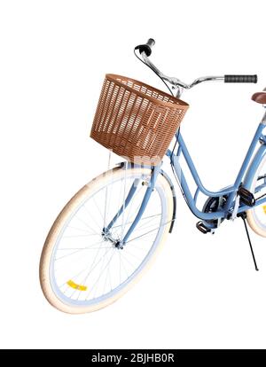 Bicycle with wicker basket on white background Stock Photo