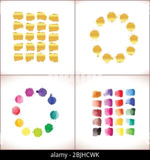Vector round frame made of watercolor rainbow and gold  blobs, colorful paint drops texture. Stock Vector