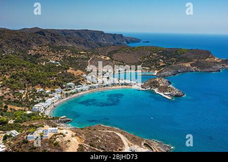 Aerial view over Kapsali town in Kythera island, Greece. Beautiful Mediterranean colors in a hot sunny day in Greece Stock Photo