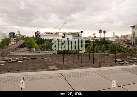 PARIS, FRANCE - MAY 01, 2017: View of city from Grande Arche in La Defense, business district Stock Photo