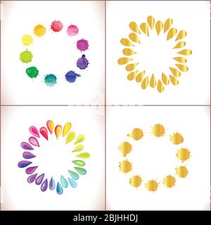 Vector round frame made of watercolor rainbow and gold  blobs, colorful paint drops texture. Stock Vector