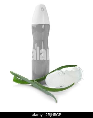Different deodorants and aloe leaves isolated on white Stock Photo