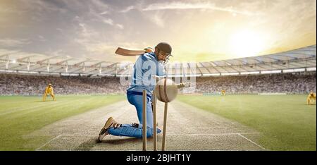 Rear View Of Cricket Ball Hitting the Stumps Behind the Batsman Stock Photo