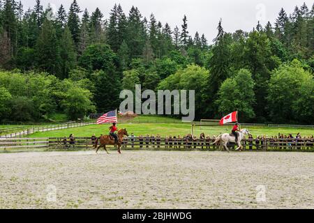 MAPLE RIDGE, CANADA - JULY 5, 2019: horse riders with flags on the field at final day camp show. Stock Photo