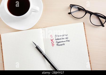 Notebook with written text and cup of coffee on table. Management concept Stock Photo