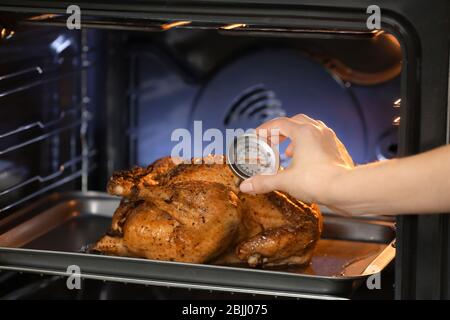 Young woman measuring temperature of whole roasted turkey with meat  thermometer Stock Photo - Alamy