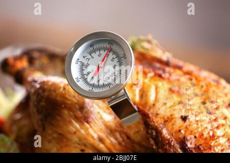Pop-up thermometer timer in a smoked turkey Stock Photo - Alamy