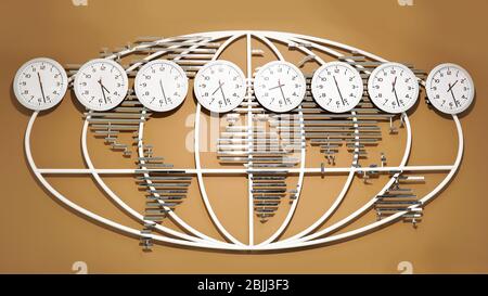 Wall with world map and clocks showing time in different cities Stock Photo