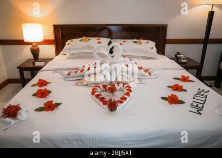 Bed decorated with flowers and towels in hotel room Stock Photo ...