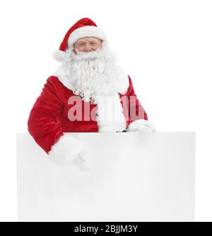 Authentic Santa Claus with poster on white background Stock Photo - Alamy