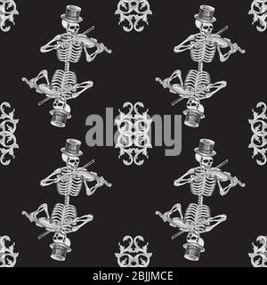 Seamless pattern of a skeleton in a hat playing a violin on a black background. Vector image Stock Vector