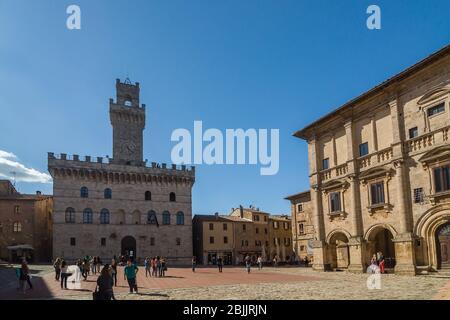 MONTEPULCIANO, ITALY - APRIL 15, 2013: Romanesque Town Hall or Palazzo Communale in Piazza Grande. Montepulciano, Tuscany, Italy Stock Photo