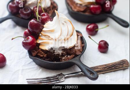 Mini tarts in iron skillets with oreo cookie dough, chocolate filling, whipped cream and fresh berries. Stock Photo