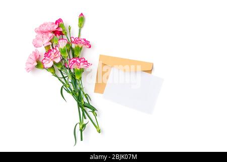 colorful bouquet of different pink carnation flowers, craft envelope, paper isolated on white background Top view Flat lay Holiday card 8 March, Happy Stock Photo