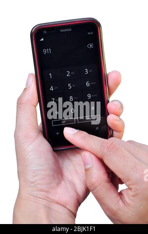 Mobile phone in a hand typing 911 on a white background Stock Photo