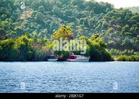 Picturesque view of river and mountain on sunny day Stock Photo