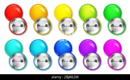 Realistic blank badges collection. Colorful 3D glossy round button. Pin badge mockup. Vector illustration. Stock Vector