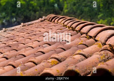 Closeup of the red clay roof tiles. selective focus Stock Photo