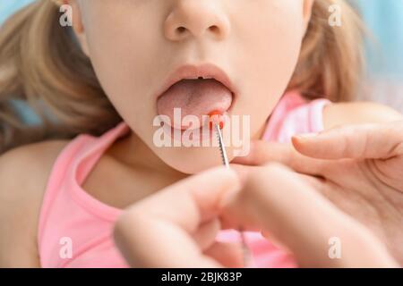 Cute girl at speech therapist's office, closeup Stock Photo