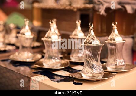 Traditional Turkish glasses in shop Stock Photo
