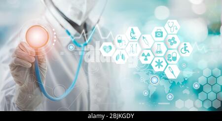 Health care and medical services concept with circular AR interface and female doctor using stethoscope. Stock Photo
